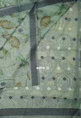 Muted Sage Green - Muslin Silk with Thread Weaving Pallu and Border with Floral Buttas - Perfect for Office Wear