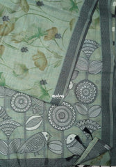 Muted Sage Green - Muslin Silk with Thread Weaving Pallu and Border with Floral Buttas - Perfect for Office Wear