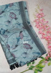 Pastel Steel Blue - Muslin Silk with Thread Weaving Pallu and Border with Floral Buttas - Perfect for Office Wear