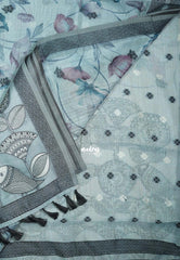 Pastel Steel Blue - Muslin Silk with Thread Weaving Pallu and Border with Floral Buttas - Perfect for Office Wear