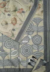 Muted Beige - Muslin Silk with Thread Weaving Pallu and Border with Floral Buttas - Perfect for Office Wear