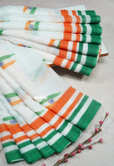 White - August 15 Special TRI COLOR NATIONAL FLAG Linen Cotton saree with raw silk blouse