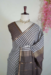 White & Coffee Brown - Maheswari - Premium Lightweight Cotton Silk with Small Border - Perfect for Festive Wear