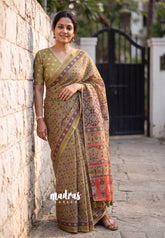 Olive Brown - Pragathi - Linen Cotton Saree with Floral Prints - Best for Office Wear | Casual Wear