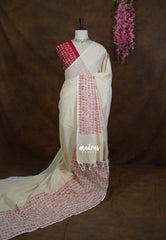 Halfwhite with Maroon blouse - Sowmiya - Organic Bamboo Cotton with semmozhi tamil handblock print