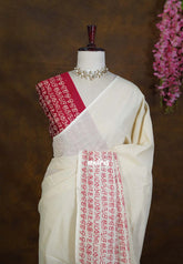 Halfwhite with Maroon blouse - Sowmiya - Organic Bamboo Cotton with semmozhi tamil handblock print