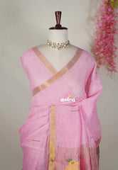 Rosemilk Pink - Thoolika - Organic Linen Cotton Saree with Tissue Border - Perfect for corporate leaders / Judges / Doctors
