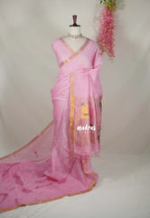 Rosemilk Pink - Thoolika - Organic Linen Cotton Saree with Tissue Border - Perfect for corporate leaders / Judges / Doctors