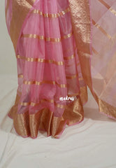 Onion Pink - Narayani - Semi Organza Silk with Zari Stripes and Floral Border - Best for Pooja Functions