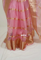 Onion Pink - Narayani - Semi Organza Silk with Zari Stripes and Floral Border - Best for Pooja Functions