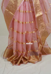 Blush Pink - Narayani - Semi Organza Silk with Zari Stripes and Floral Border - Best for Pooja Functions