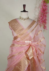 Blush Pink - Narayani - Semi Organza Silk with Zari Stripes and Floral Border - Best for Pooja Functions