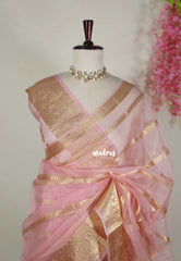 Blush Pink - Narayani - Semi Organza Silk with Zari Stripes and Floral Border - Best for Pooja Functions