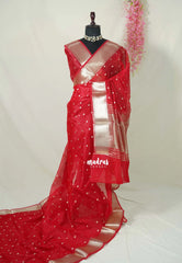 Tomato Red - Narayani - Semi Organza Silk with Buttas and Zari Border - Best for Small Functions