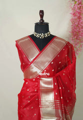 Tomato Red - Narayani - Semi Organza Silk with Buttas and Zari Border - Best for Small Functions