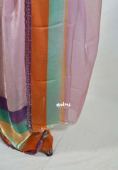 Blush Pink - Organza Satin Silk Saree with Stone Work and Multicolour Border & Scallop Border