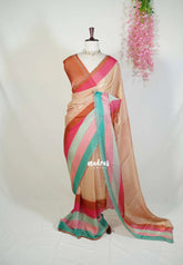 Champagne Beige - Organza Satin Silk Saree with Stone Work and Multicolour Border & Scallop Border