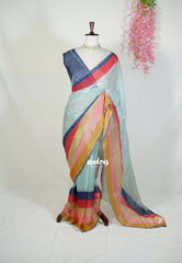 Ice Mint Blue - Organza Satin Silk Saree with Stone Work and Multicolour Border & Scallop Border