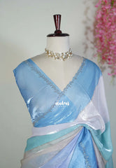 Powder Blue - Organza Satin Silk Saree with Stone Work and Multicolour Border & Scallop Border