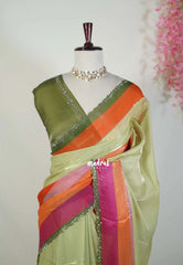 Olive Green - Organza Satin Silk Saree with Stone Work and Multicolour Border & Scallop Border