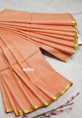 Sunrise Glow Orange - Soft Organza silk with stripes weaving with small zari border