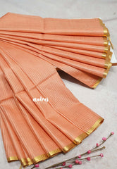 Sunrise Glow Orange - Soft Organza silk with stripes weaving with small zari border