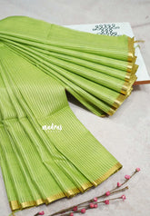 Pretty Parrot Green - Soft Organza silk with stripes weaving with small zari border