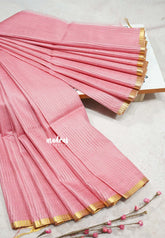 Roja Mist Pink - Soft Organza silk with stripes weaving with small zari border