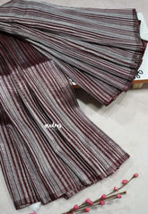 Wine Red with Silver - Organza silk with stripped weaving saree