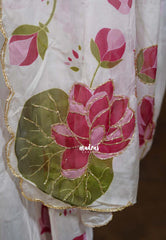 Ivory Cream - Soft Organza Silk with Tube Beads Pink Lotus Floral Zardosi Work with Scallop - Best for wedding Reception