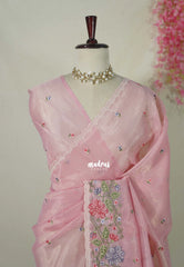 Blush Pink - Fine Quality Organza Silk Saree Embroidery with Scallop Border - Best for Engagements / Haldi / Reception