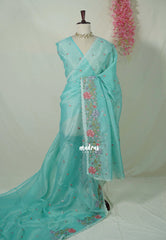 Mild Turquoise Blue - Fine Quality Organza Silk Saree Embroidery with Scallop Border - Best for Engagements / Haldi / Reception