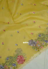 Pastel Golden Yellow - Fine Quality Organza Silk Saree Embroidery with Scallop Border - Best for Engagements / Haldi / Reception