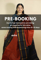 (PRE-BOOKING) Brick Red with Black - Mozhi - Sungudi cotton with tamil letters rettapet rudraksham border