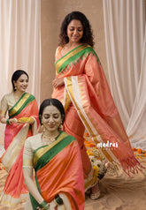Peach Orange - Sico Gadwal Semi Silk Muthukattam with Temple Border - Best for Small Functions