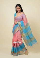 Peach Pink with Sky Blue - Linen Cotton Saree Dual Color Tone with Polka Dots and Tissue Border - Perfect for Office Wear | Summer wear | Casual Wear