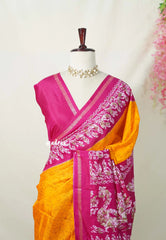 Bright Orange with Peacock Border - Uniform sarees Malgudi Printed Silk with Peacock Border - Perfect for Office Wear | Casual Wear