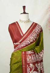 Olive Green with Peacock Border - Uniform sarees Malgudi Printed Silk with Peacock Border - Perfect for Office Wear | Casual Wear