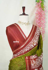Olive Green with Peacock Border - Uniform sarees Malgudi Printed Silk with Peacock Border - Perfect for Office Wear | Casual Wear