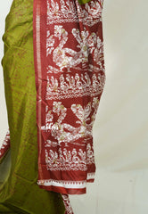 Olive Green with Peacock Border - Uniform sarees Malgudi Printed Silk with Peacock Border - Perfect for Office Wear | Casual Wear