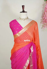 Pink & Orange - Soft and Silky Georgette with Thin Zari Lines and Zari Border - Best for Pooja Funtions | Festive Wear