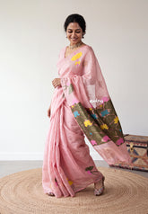 Powder Pink - Handloom Silk Linen Jamdani Saree - With Handloom Mark