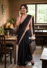 Midnight Black - Pragath - Linen Cotton Saree Plain with Checks Border and Blouse - Perfect for Office Wear | Summer wear | Casual Wear