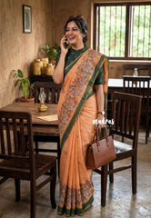 Mild Orange - Pragath - Linen Cotton Saree with Ram Parivar Prins - Perfect for Office Wear | Summer wear | Casual Wear