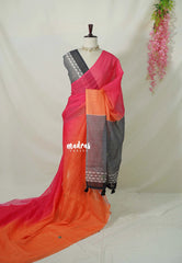 Strawberry Orange Popsicle with Embroidery - Linen Cotton Saree with Gradient Ombre tone Flower Embroidery with Stripes Pallu and Blouse - Perfect for Office Wear | Summer wear | Casual Wear
