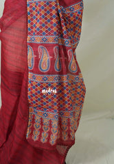 Crimson Red with Lace - Pragathi - Linen Cotton Saree with Ajrakh Pallu and Blouse - Best for Office Wear | Casual Wear