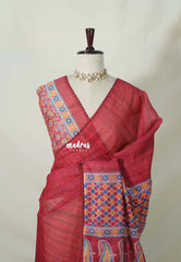 Crimson Red with Lace - Pragathi - Linen Cotton Saree with Ajrakh Pallu and Blouse - Best for Office Wear | Casual Wear