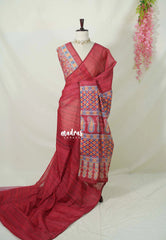 Crimson Red with Lace - Pragathi - Linen Cotton Saree with Ajrakh Pallu and Blouse - Best for Office Wear | Casual Wear