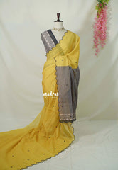 Lemon Yellow with Scallop - Pragathi - Linen Cotton Saree Mirror Work with Stripes Prints in Pallu and Blouse - Best for Office Wear | Casual Wear