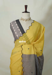 Lemon Yellow with Scallop - Pragathi - Linen Cotton Saree Mirror Work with Stripes Prints in Pallu and Blouse - Best for Office Wear | Casual Wear